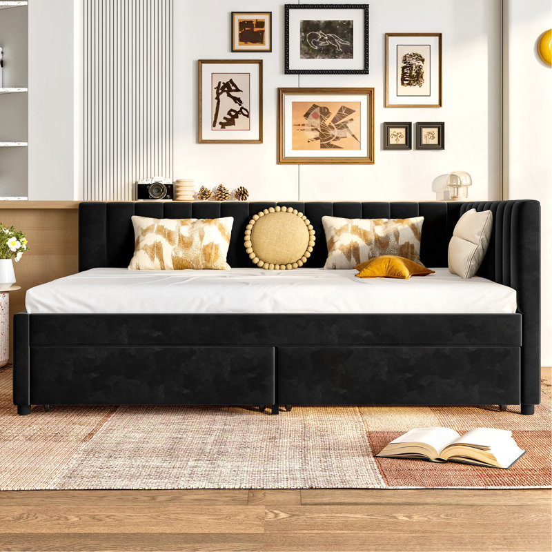 Daybed With Storage Drawers Upholstered Corner Bed With L Shaped Headboard Velvet Daybed Frame For Living Room Guest Room