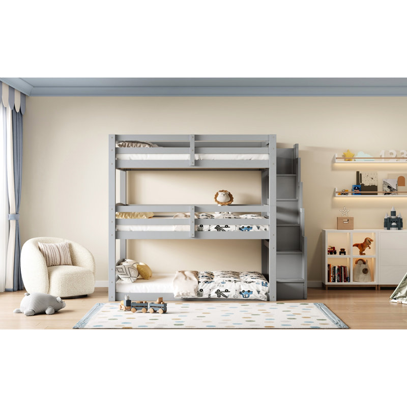 Grey Full Size Triple Bunk Bed Featuring Storage Staircase And Separate Configuration, Pine Construction, Good For 3 Design Staircase, Solid Ideal Guests