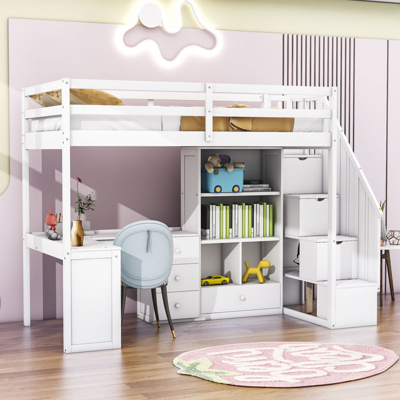 Halchak Kids Twin Loft Bed with Drawers, White