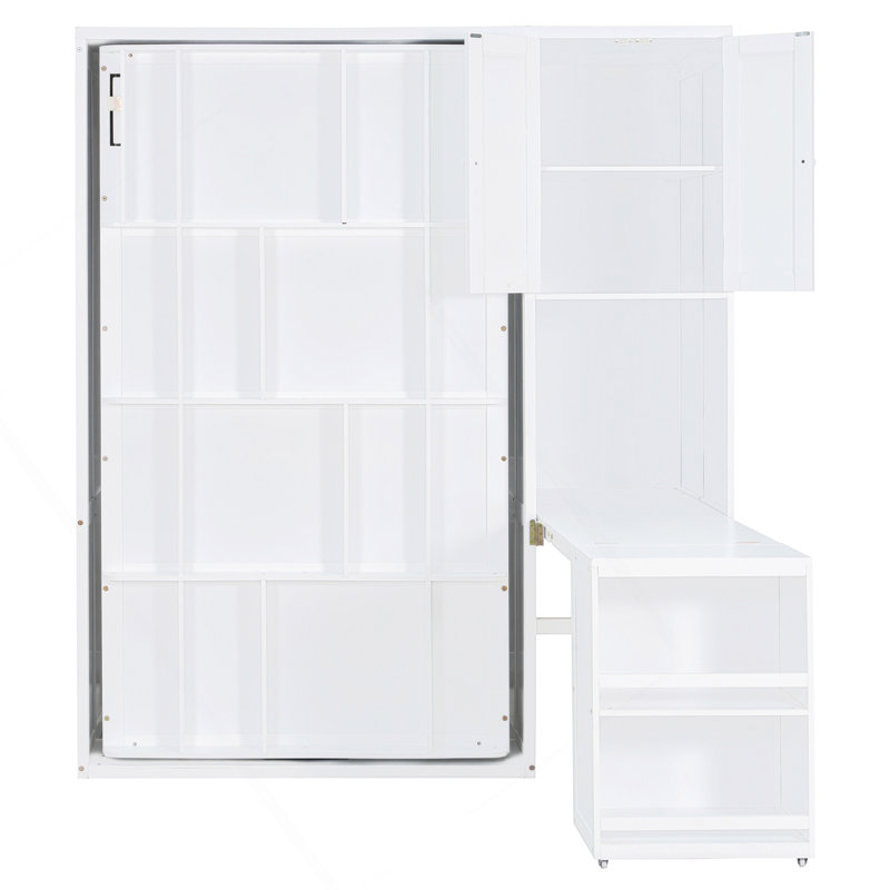 Lit escamotable mural simple avec bibliothèque, armoire supérieure, bureau extensible et rangement latéral, blanc