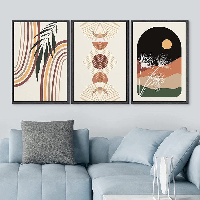 «Mid Century Modern Boho Geometric Crescent Moon Desert», ensemble de 3 impressions sur toile flottante, Noir