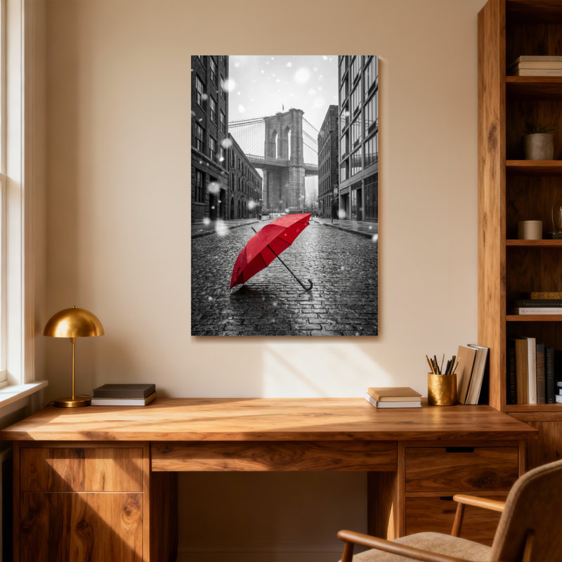 Scénique et paysage urbain parapluie rouge dans la rue enneigée, H 40 po x l 28 po