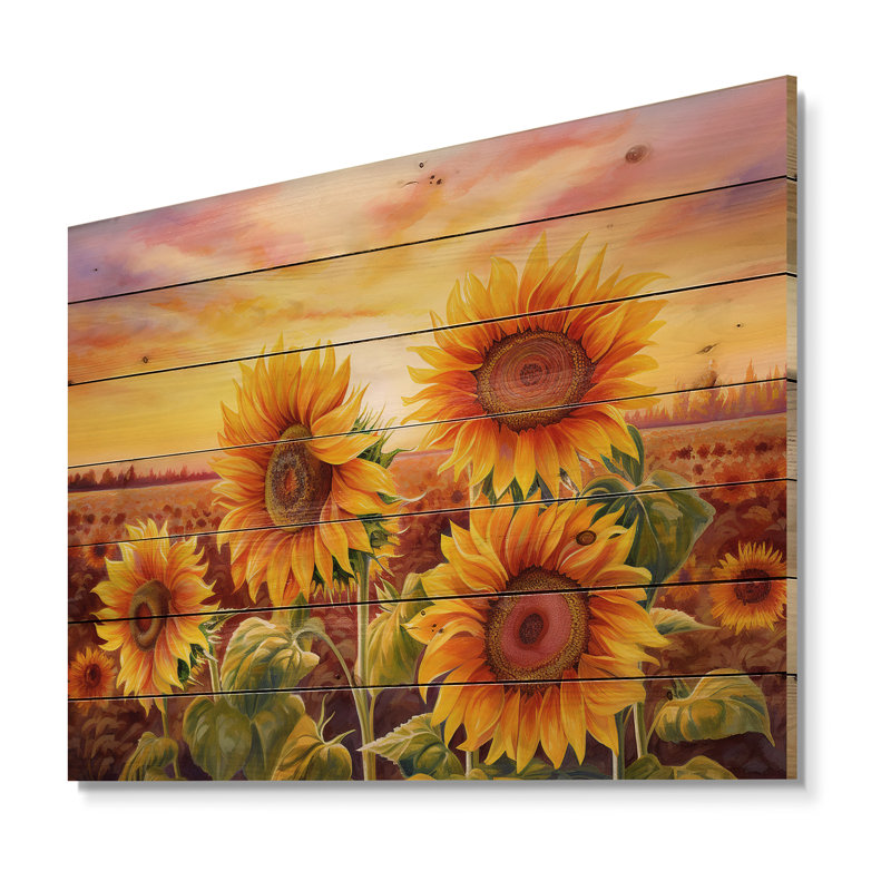 Burning Sunset Sunflowers Field - Tournesols, art sur bois de pin naturel, H 30 po x l 40 po