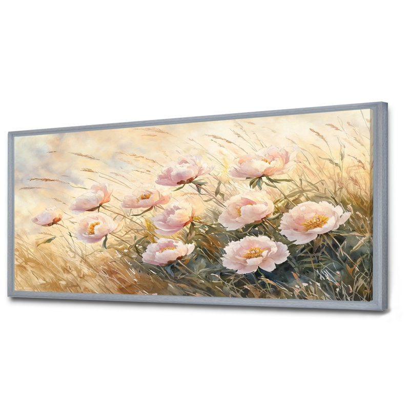 Ikai pivoines dans le champ balayé par le vent I - pivoines, art mural, Argent argent, H 28 po x l 60 po