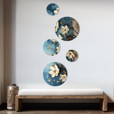 Orchidée bleue et blanche jardin de branches V - ensemble abstrait d'art mural floral rond de 5