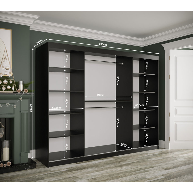 Mahdiyyah 3 Door Manufactured Wood Wardrobe, Black Matt/Marble Finish