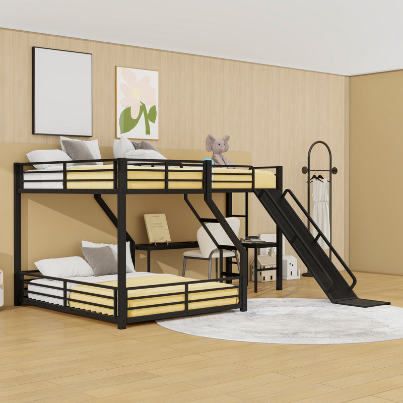 Metal Bunk Bed With L-Shaped Desk, USB Ports And Slide, Twin and Twin XL over Queen