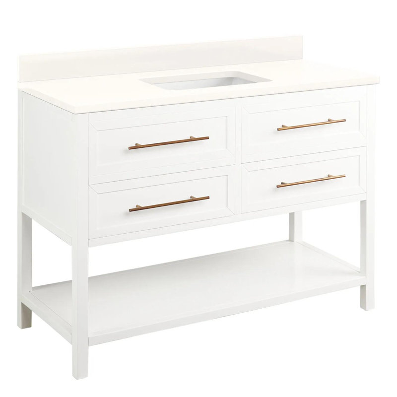 Ensemble de meuble-lavabo simple 48 po avec lavabo encastré rectangulaire Robertson, Blanc, Monotrou, Quartz blanc plume
