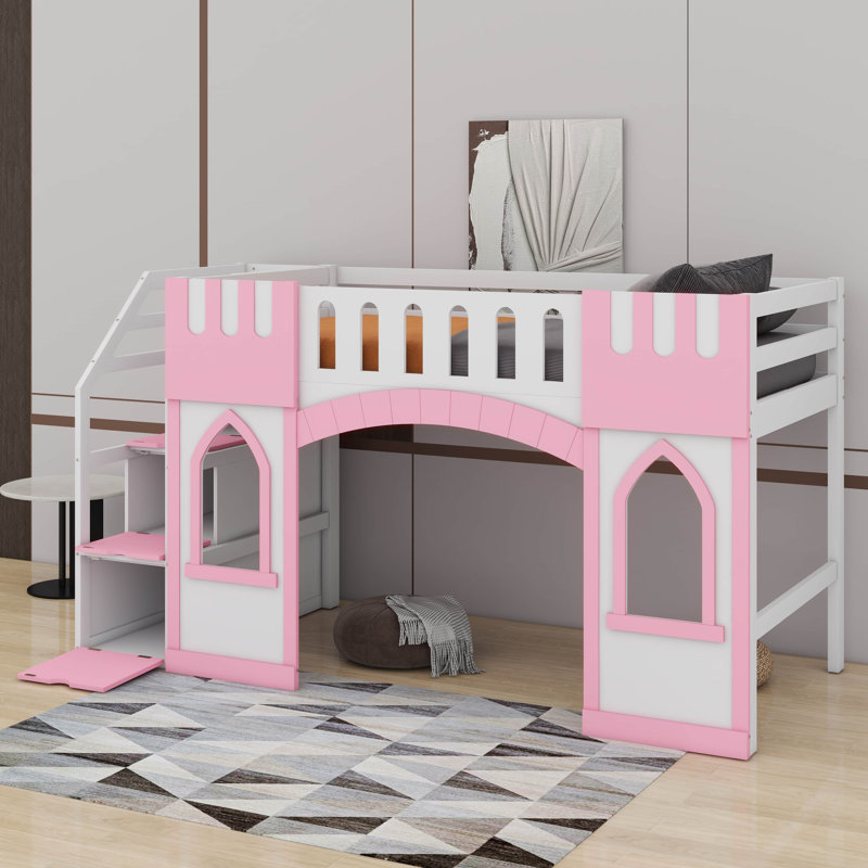 Lit mezzanine simple avec fenêtre et escalier de rangement, Rose