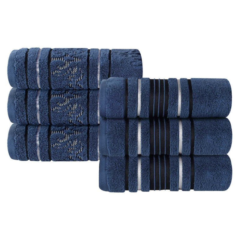 Ensemble de serviettes en coton uni et jacquard Sadie Zero Twist, Ensemble de 6 serviettes à main, À rayures, Marine
