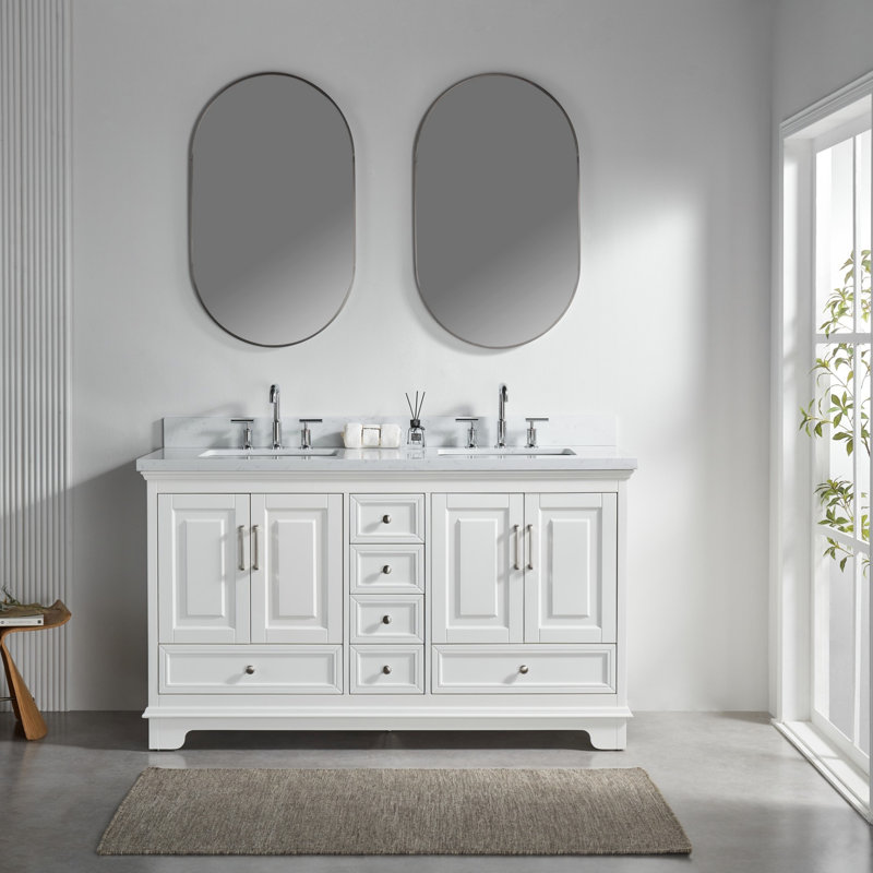 Meuble-lavabo double autoportant de 60 po avec pierre artificielle entièrement assemblé, Blanc