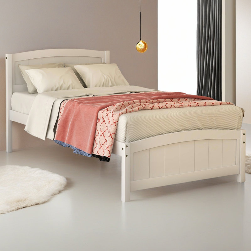 Lit plateforme en bois avec tête de lit, pied de lit et lattes en bois, Gris