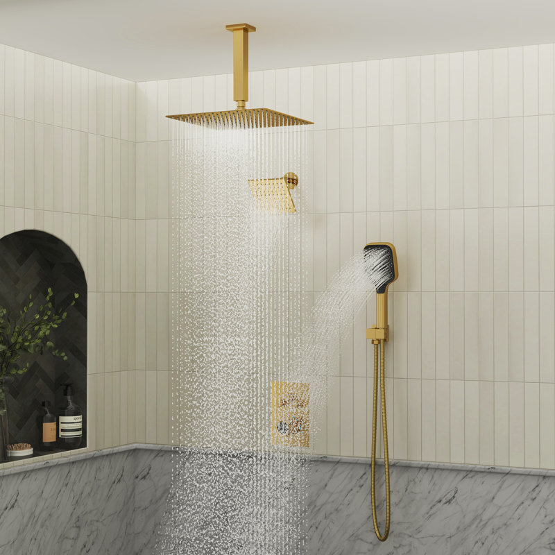 Rainfall Symphony 12inch 3-Function Dual Shower Head Thermostatic Shower System with 3 Sprays Handheld, Brushed Gold