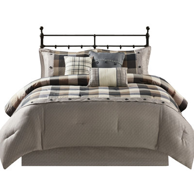 King Herringbone Comforter , 7, Neutral Shade, Buffalo Plaid Theme, Filled, With Comforter, Shams, Decorative Pillows & Bed Skirt, Washable By Machine 7 Piece In Herringbone, Tone, Decoration, Fill,