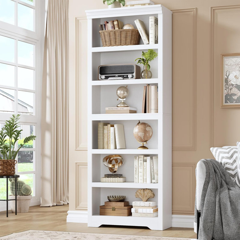 75"6-Tier Farmhouse Bookcase with Adjustable Shelves, Open Display Storage Bookshelf for Home Office, Living Room, Study or Balcony