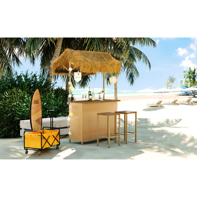Bar à boire style extérieur, auvent en gazon synthétique, bois, pieds réglables, rangement fonctionnel de style hawaïen pour l'extérieur avec matériau en bois, grand