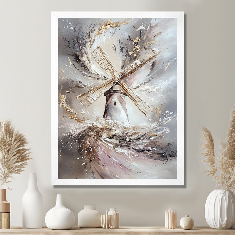 Décoration murale moulin à vent dans la tempête - Moulins à vent, Reproduction encadrée d'une seule photo sans pass, Blanc