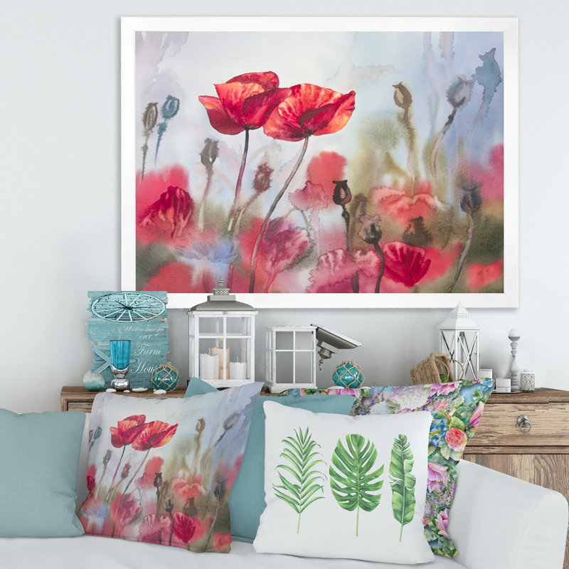Blossoming Poppies in the Meadow - peinture sur toile, H 16 po x l 32 po x p 1 po, Cadre photo blanc