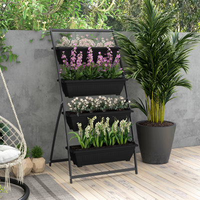4 Tier Vertical Garden Planter - Black Elevated Bed For Vegetables, Flowers, Herbs Self Draining, Fantastic Different Indoors & Outdoors Areas Veggies, Flowers Black, Fits Indoor Outdoor Spaces