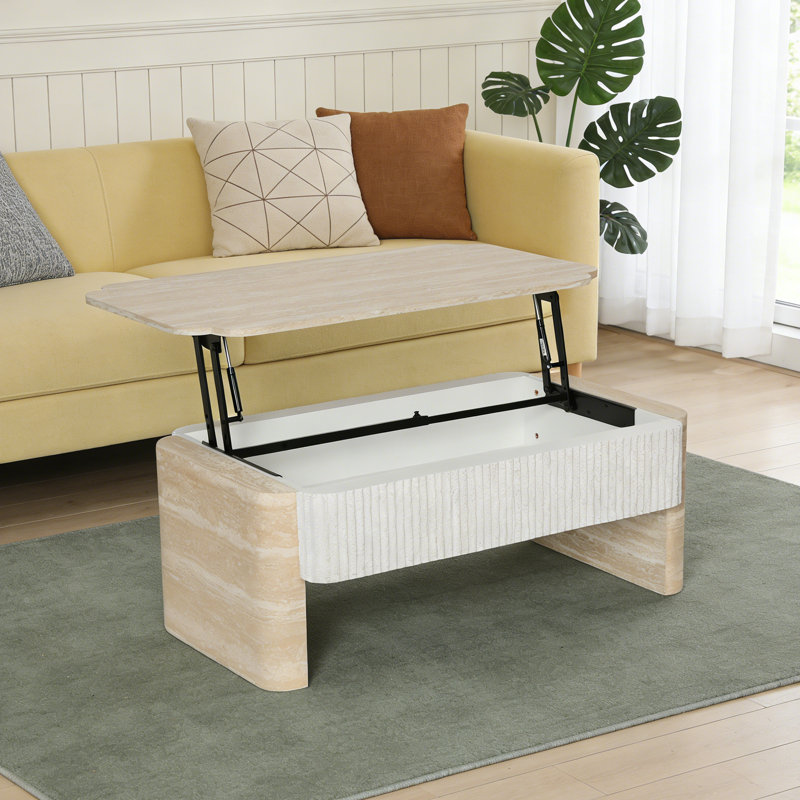 Table basse à plateau relevable avec rangement dissimulé et tablette ouverte
