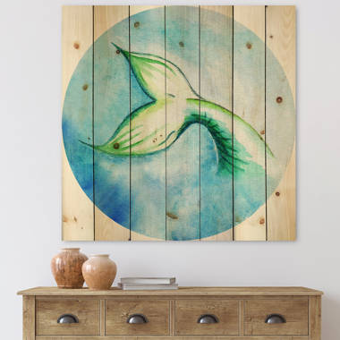 Mermaid Fish Tail - Nautical & Coastal Print On Natural Pine Wood East Urban Home Size: 25 H x 25 W x 0.78 D
