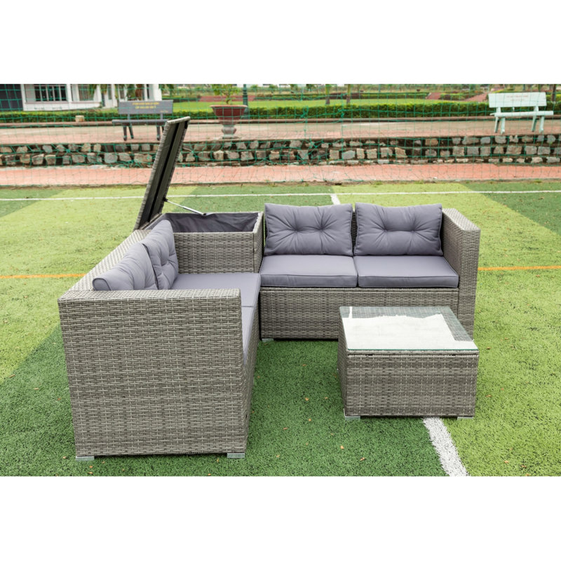 Ensemble de canapé modulaire en osier de patio 4 pièces avec boîte de rangement, Gris