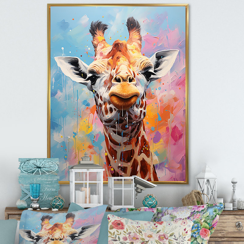 Popart Art, girafe multicolore Grace II sur toile, Cadre flottant doré, H 32 po x l 16 po x P 1 po