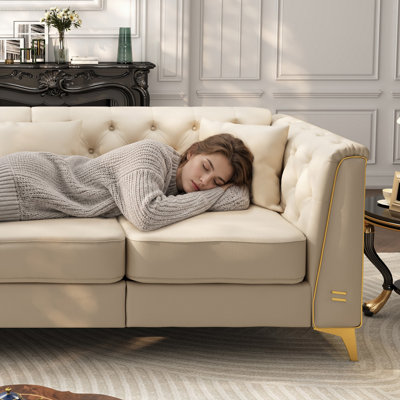 Canapé Chesterfield modulaire 1 place de 40,1 po de lumière, canapé en similicuir capitonné à la main, accoudoirs garnis de métal et pieds en métal minces, comprend 1 oreiller pour le salon, l’appartement