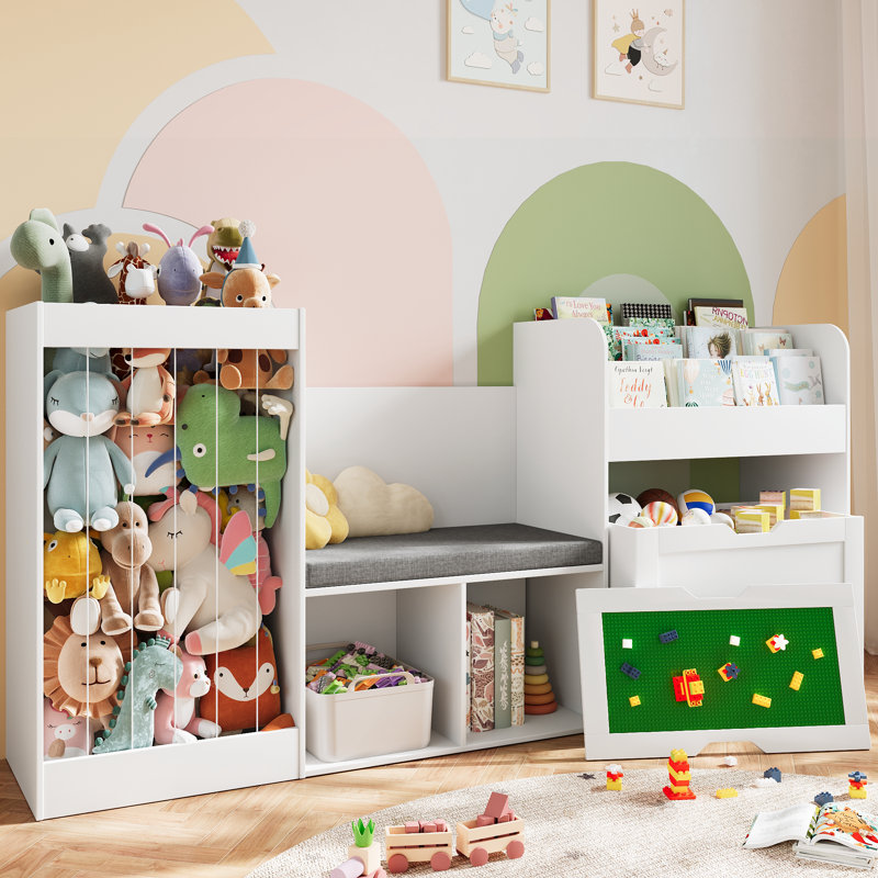 31.5''H Kids Bookcase, Toy Storage Organizer With Stuffed Animal Storage, Bench And Removable Cushions, Wooden Toddler Bookshelf With Movable Building Block Drawers, White