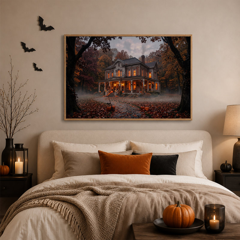 Maison victorienne aux fenêtres illuminées en automne - Tableau sur toile pour l'Halloween, H 36 po x l 48 po