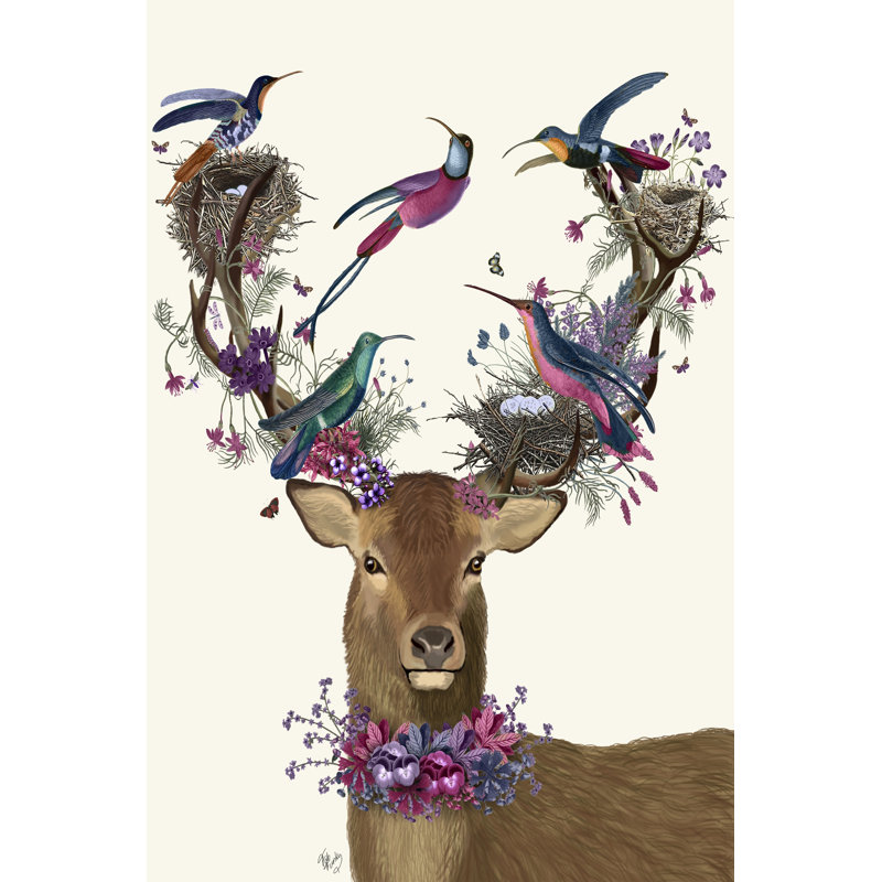 Deer Birdkeeper, Tropical Bird Nests - Wrapped Canvas Painting, 46cm H x 30cm W