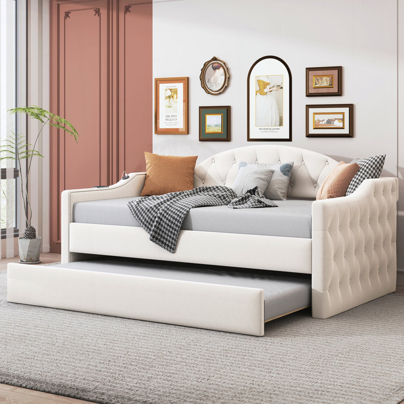 Twin Size Tufted Upholstered Daybed with Trundle, Beige