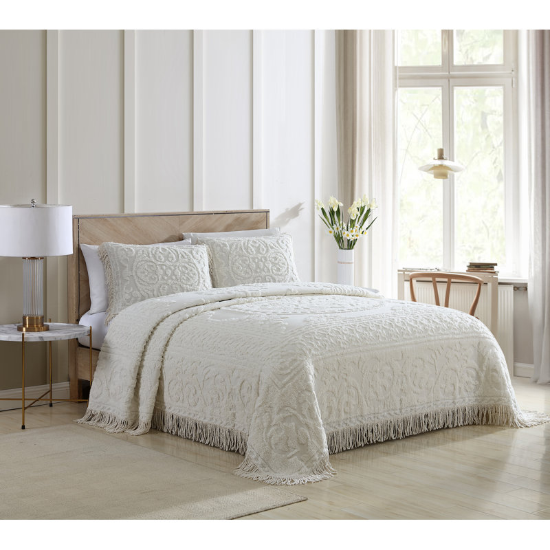 Ivory Medallion Chenille King Bedspread with Fringe Detail