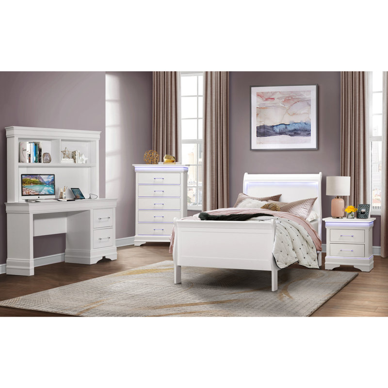 Lit simple blanc avec style, bois massif +, lumières DEL de 68,5 lb, conception moderne en finition