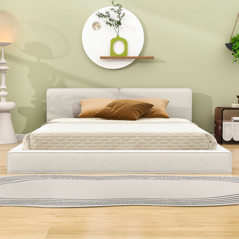  Grand lit plateforme tapissier avec tête de lit Kjellfrid, Beige
