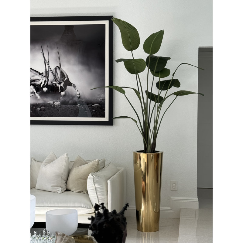 Faux pin en pot de fleurs en métal, Or, H 90 po x l 40 po x P 24 po
