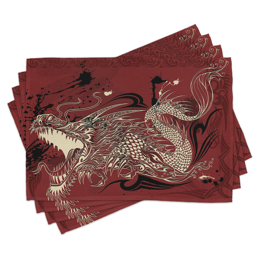 Platzdeckchen 4er Set, Japanischer Drache Doodle, Elfenbein und Rubin