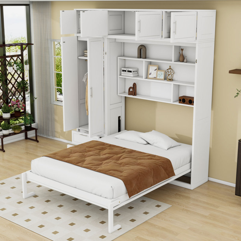 Queen-Size Multi-Function Murphy Bed with Ample Storage Drawers and Slats, White
