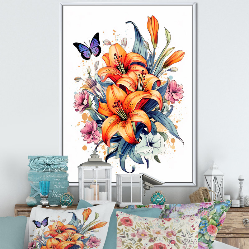 «Whimsical Butterfly and Colorful Lilies», reproduction sur toile, H 44 po x l 34 po, Cadre flottant blanc