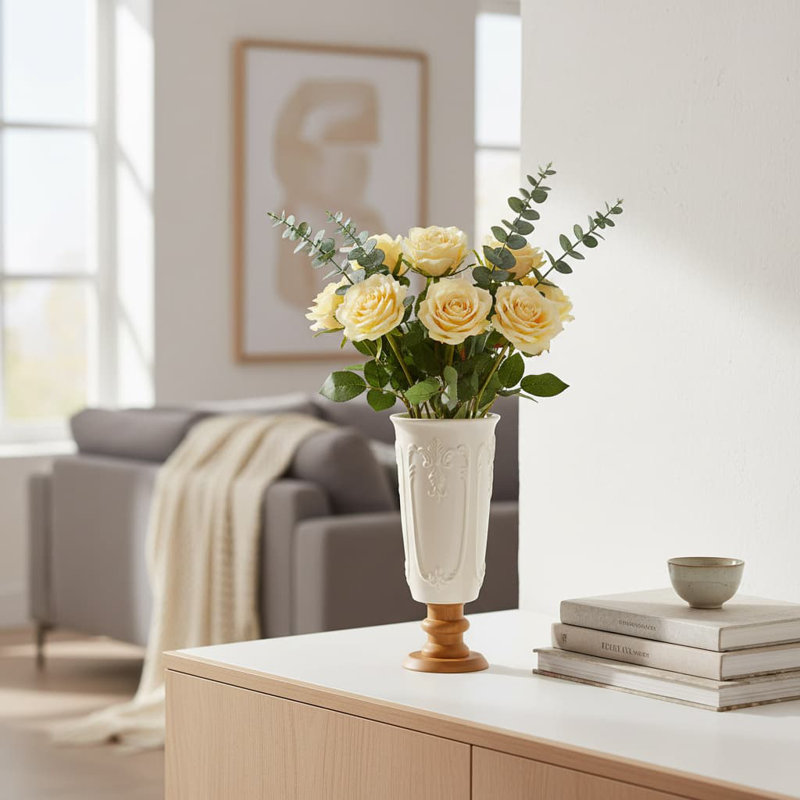 9.1" White Ceramic Floral Embossed Vase - Small Vintage French Style with Wood Base for Home Table Living Room Shelf