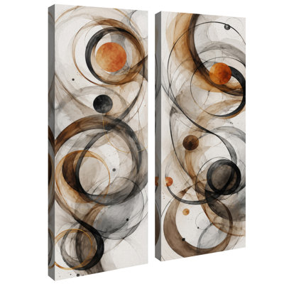 Ensemble de 2 impressions encadrées sur toile, motif géométrique circulaire abstrait noir, brun et orange brûlé, 81 x 30 x 5 cm (32 x 12 x 2 pouces).