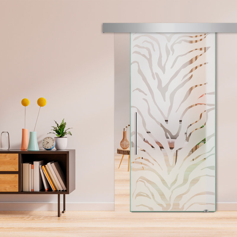 Porte de grange coulissante en verre sans cadre avec design moderne sablé et quincaillerie (semi-privée), Remise droite