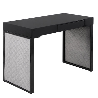 Bureau rembourré en velours argenté en acier et bois noir, design moderne, plateau en bois, tiroir coulissant pour utilitaire de rangement, utilisation intérieure seulement, poids de 100 lb, poids de 45,78 lb, largeur de 42,63 lb, 21,71 lb