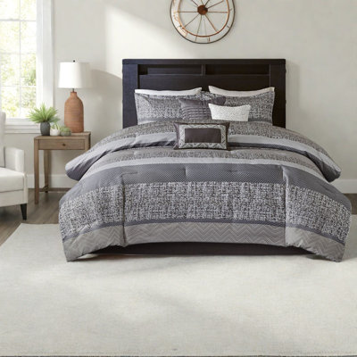 Ensemble de literie luxueuse en jacquard 7 pièces, grand, gris et taupe