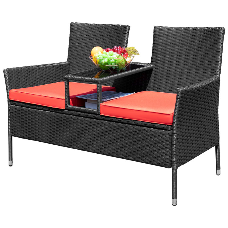 Ensemble de conversation en rotin 3 pièces avec table intégrée pour jardin Margueriez, Rouge