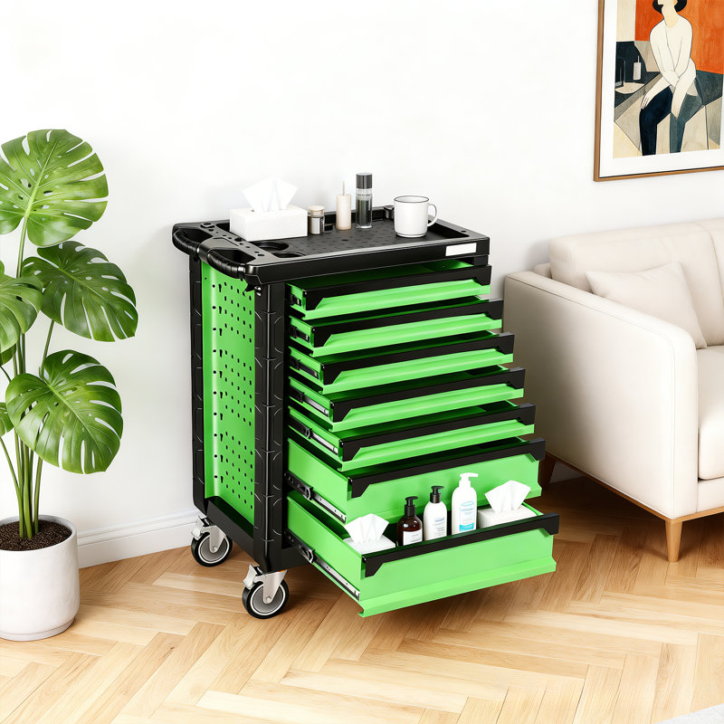 Coffre à outils 7 tiroirs avec serrure, coffre à outils avec roulettes et plateau à outils