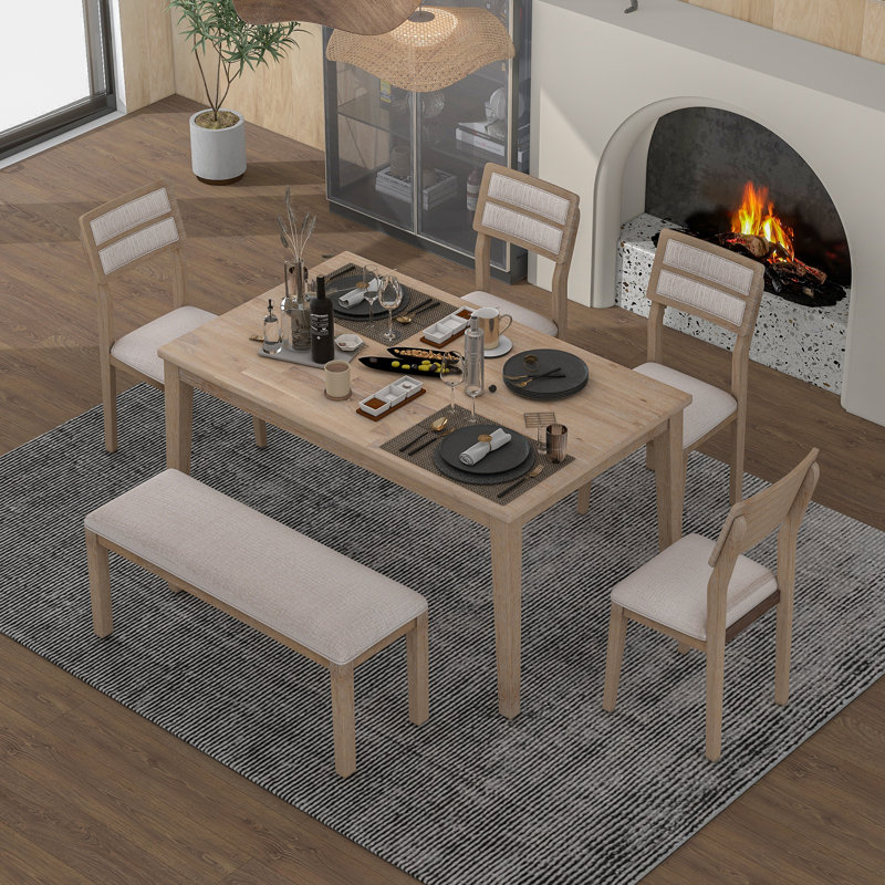 Harjeevan 6 - Person Four Leg Dining Set, Natural Wood Wash/Beige