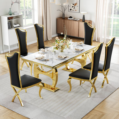 Modern Faux Marble Dining Table Set With High-Back PU Leather Chairs And Mirror-Finish Stainless Steel Base, Rectangular 69" Kitchen Dining Table