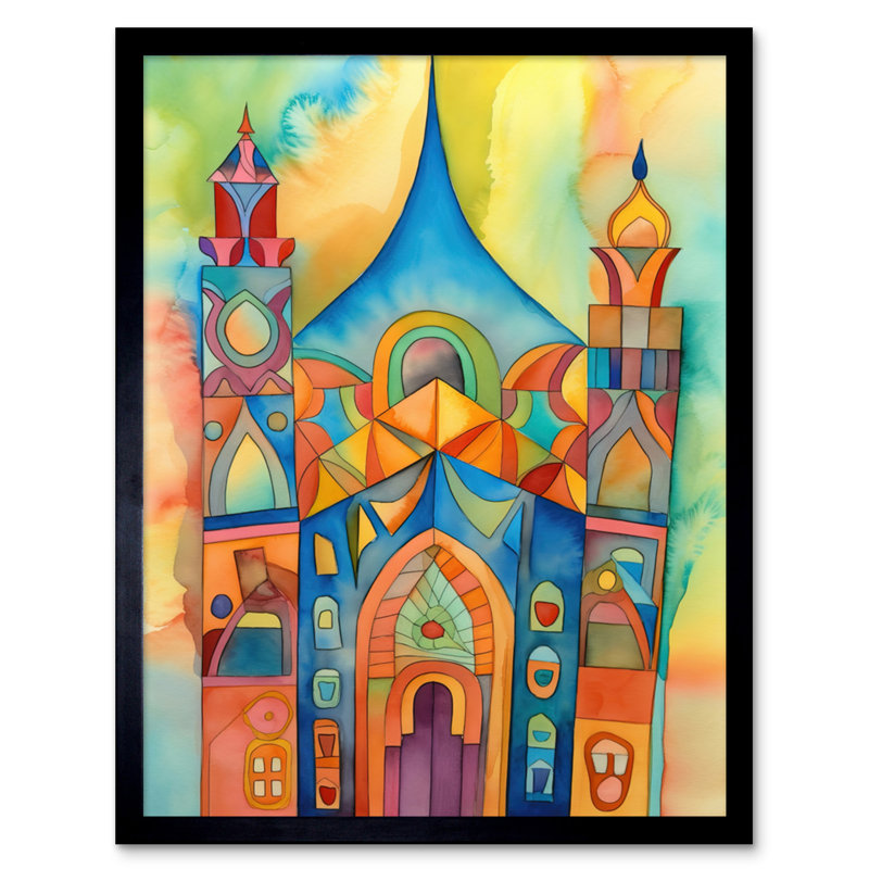 Jewish Synagogue Building Multicoloured Folk Art Watercolour Painting Artwork Framed Wall Art Print 9X7 Inch