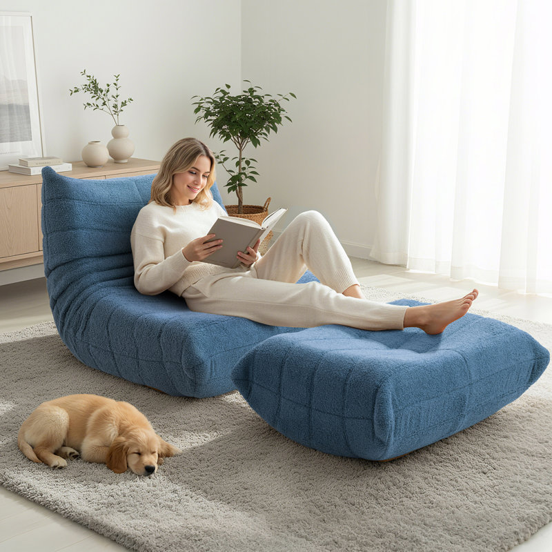 Fauteuil à billes et chaise longue Teddy, Bleu gris